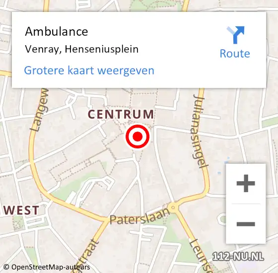 Locatie op kaart van de 112 melding: Ambulance Venray, Henseniusplein op 29 maart 2020 12:39