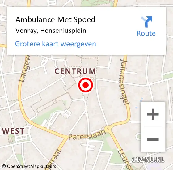 Locatie op kaart van de 112 melding: Ambulance Met Spoed Naar Venray, Henseniusplein op 29 maart 2020 12:41