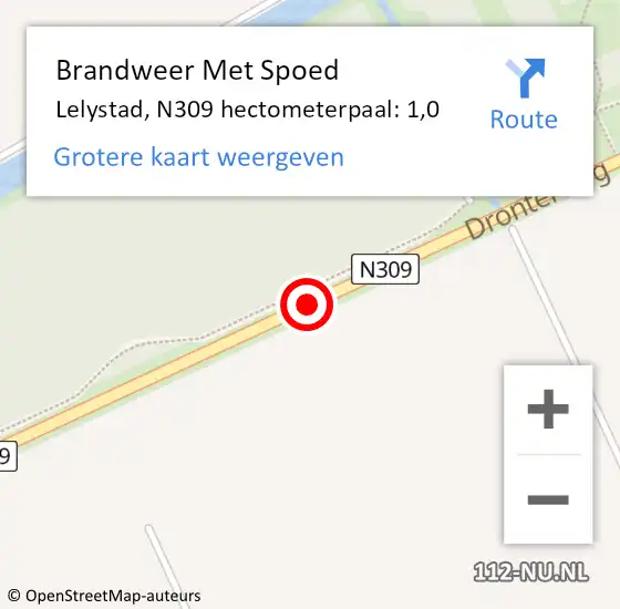 Locatie op kaart van de 112 melding: Brandweer Met Spoed Naar Lelystad, N309 hectometerpaal: 1,0 op 29 maart 2020 20:43