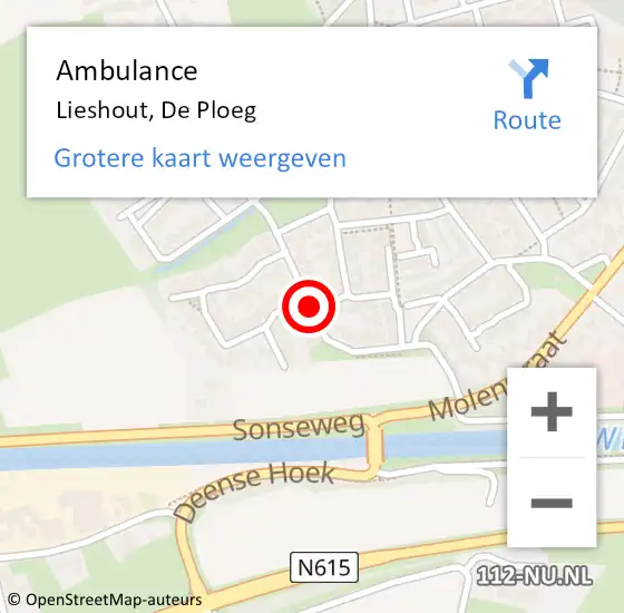 Locatie op kaart van de 112 melding: Ambulance Lieshout, De Ploeg op 3 april 2020 09:11