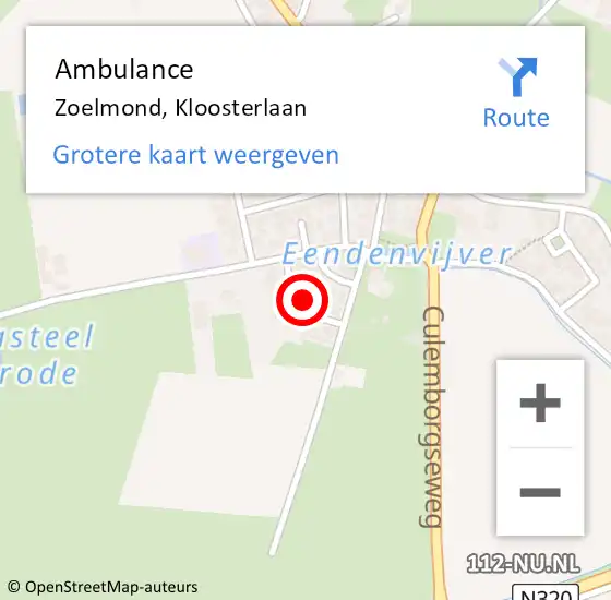 Locatie op kaart van de 112 melding: Ambulance Zoelmond, Kloosterlaan op 4 april 2020 01:08