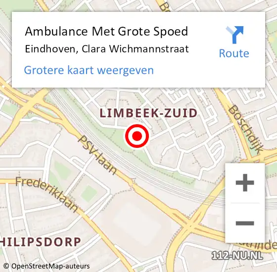 Locatie op kaart van de 112 melding: Ambulance Met Grote Spoed Naar Eindhoven, Clara Wichmannstraat op 6 april 2020 01:36