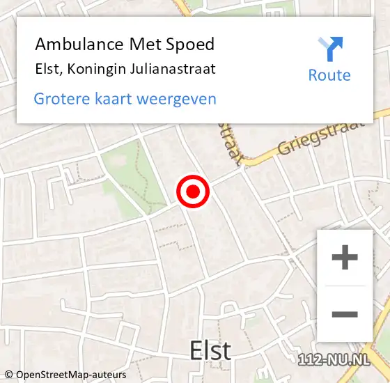 Locatie op kaart van de 112 melding: Ambulance Met Spoed Naar Elst, Koningin Julianastraat op 8 april 2020 13:27