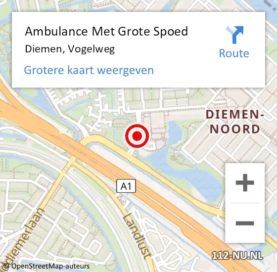 Locatie op kaart van de 112 melding: Ambulance Met Grote Spoed Naar Diemen, Vogelweg op 9 april 2020 11:00