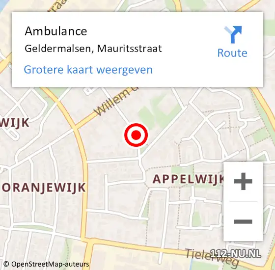 Locatie op kaart van de 112 melding: Ambulance Geldermalsen, Mauritsstraat op 9 april 2020 17:06