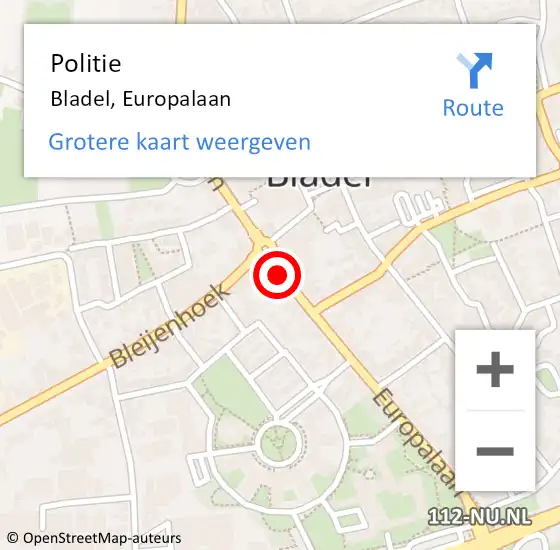 Locatie op kaart van de 112 melding: Politie Bladel, Europalaan op 10 april 2020 01:50