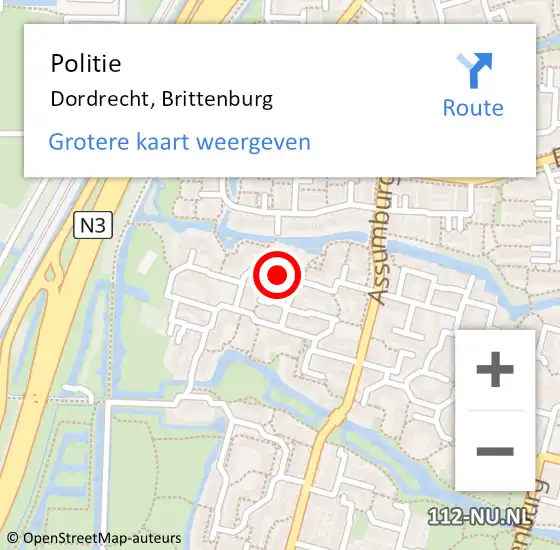 Locatie op kaart van de 112 melding: Politie Dordrecht, Brittenburg op 10 april 2020 08:10