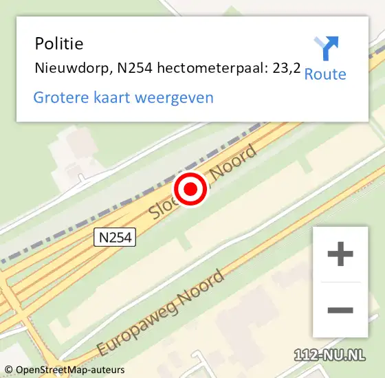 Locatie op kaart van de 112 melding: Politie Nieuwdorp, N254 hectometerpaal: 23,2 op 30 september 2013 20:46