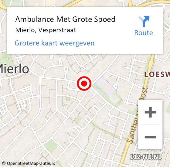 Locatie op kaart van de 112 melding: Ambulance Met Grote Spoed Naar Mierlo, Vesperstraat op 20 april 2020 15:59