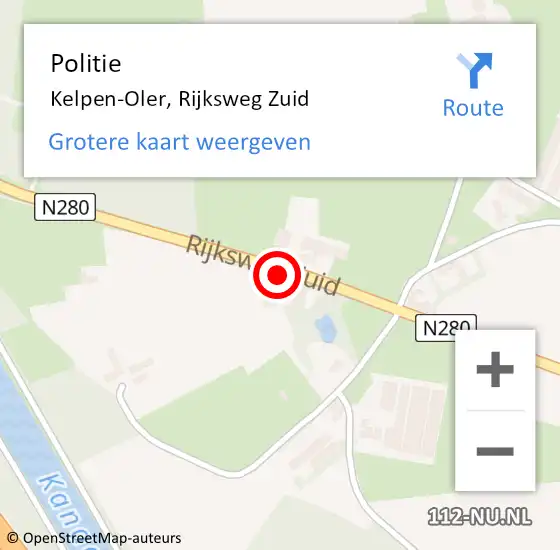 Locatie op kaart van de 112 melding: Politie Kelpen-Oler, Rijksweg Zuid op 22 april 2020 08:31