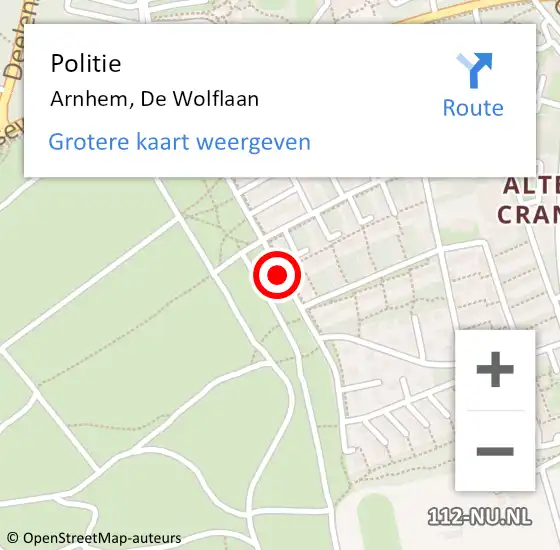 Locatie op kaart van de 112 melding: Politie Arnhem, De Wolflaan op 26 april 2020 15:16