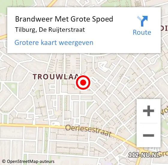 Locatie op kaart van de 112 melding: Brandweer Met Grote Spoed Naar Tilburg, De Ruijterstraat op 27 april 2020 19:31