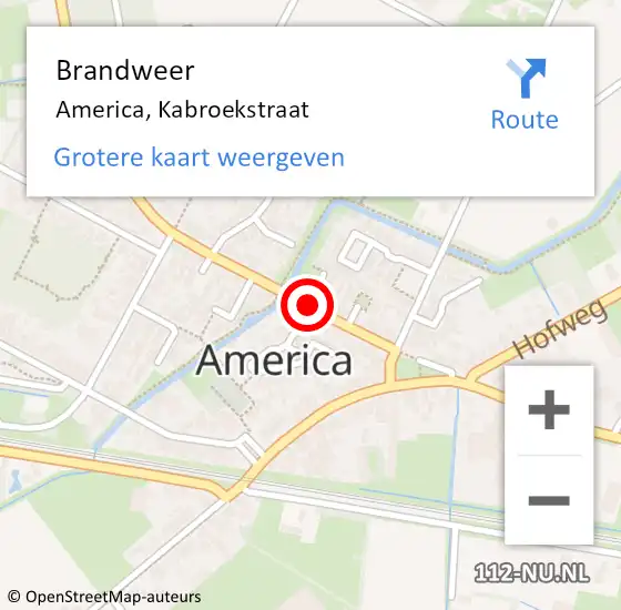 Locatie op kaart van de 112 melding: Brandweer America, Kabroekstraat op 2 mei 2020 09:40