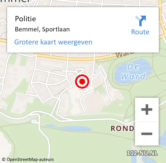 Locatie op kaart van de 112 melding: Politie Bemmel, Sportlaan op 2 mei 2020 10:25