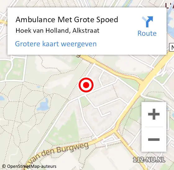 Locatie op kaart van de 112 melding: Ambulance Met Grote Spoed Naar Hoek van Holland, Alkstraat op 1 oktober 2013 01:21