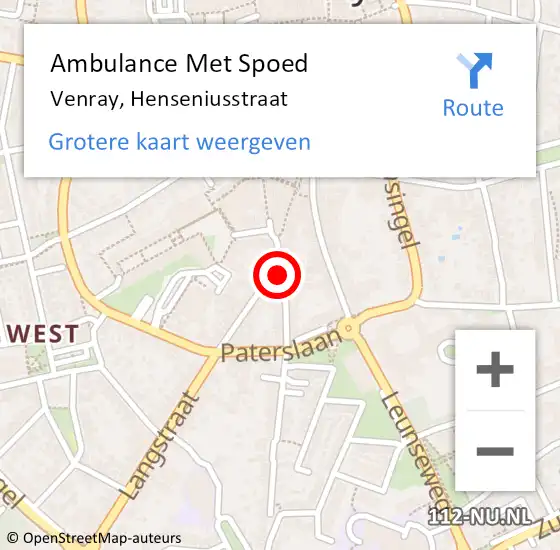 Locatie op kaart van de 112 melding: Ambulance Met Spoed Naar Venray, Henseniusstraat op 5 mei 2020 13:16