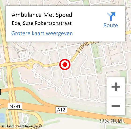 Locatie op kaart van de 112 melding: Ambulance Met Spoed Naar Ede, Suze Robertsonstraat op 6 mei 2020 07:55