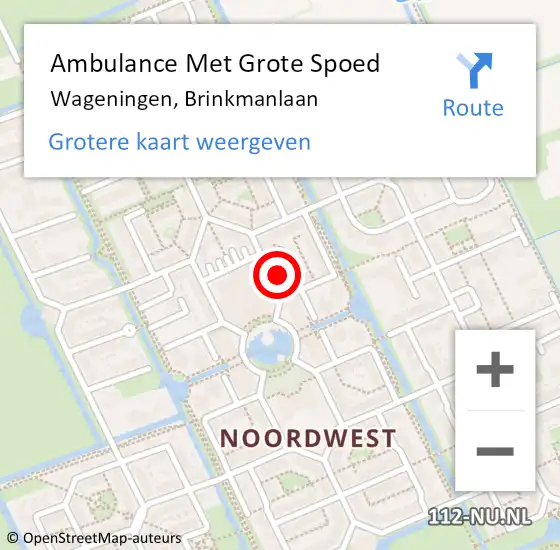 Locatie op kaart van de 112 melding: Ambulance Met Grote Spoed Naar Wageningen, Brinkmanlaan op 5 mei 2014 21:57