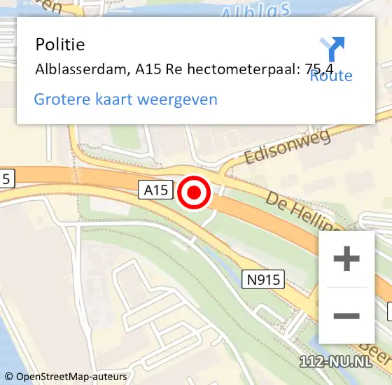 Locatie op kaart van de 112 melding: Politie Alblasserdam, A15 Re hectometerpaal: 75,4 op 6 mei 2020 12:28