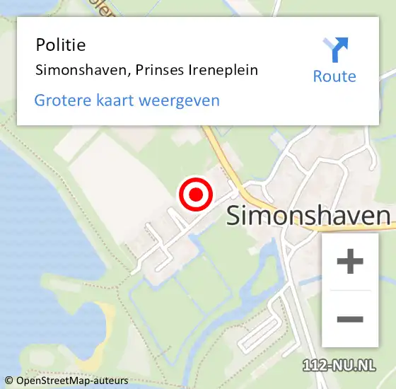 Locatie op kaart van de 112 melding: Politie Simonshaven, Prinses Ireneplein op 8 mei 2020 10:22