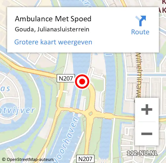 Locatie op kaart van de 112 melding: Ambulance Met Spoed Naar Gouda, Julianasluisterrein op 8 mei 2020 20:41