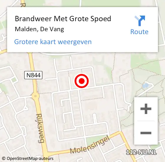 Locatie op kaart van de 112 melding: Brandweer Met Grote Spoed Naar Malden, De Vang op 10 mei 2020 03:37