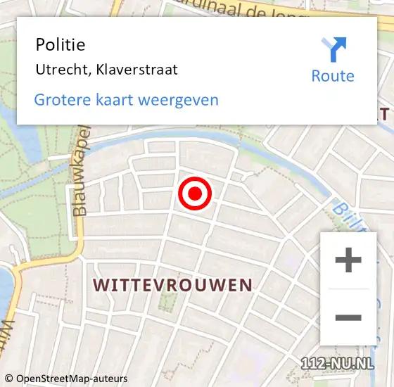 Locatie op kaart van de 112 melding: Politie Utrecht, Klaverstraat op 11 mei 2020 17:11