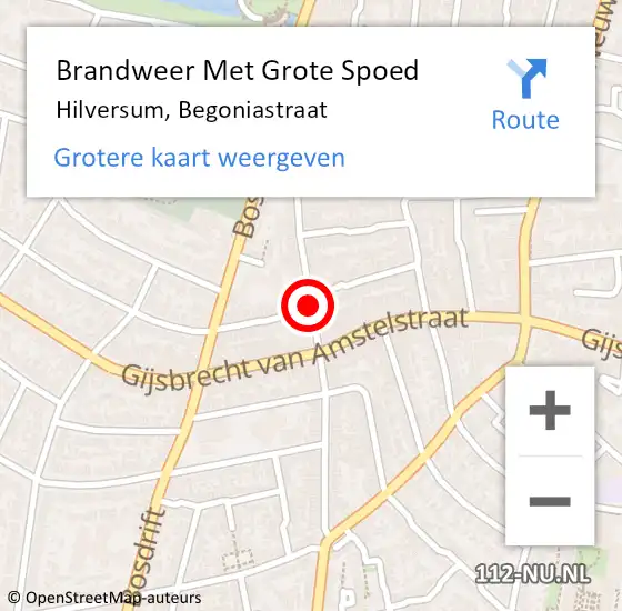 Locatie op kaart van de 112 melding: Brandweer Met Grote Spoed Naar Hilversum, Begoniastraat op 13 mei 2020 02:50