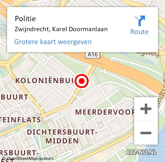 Locatie op kaart van de 112 melding: Politie Zwijndrecht, Karel Doormanlaan op 13 mei 2020 16:47