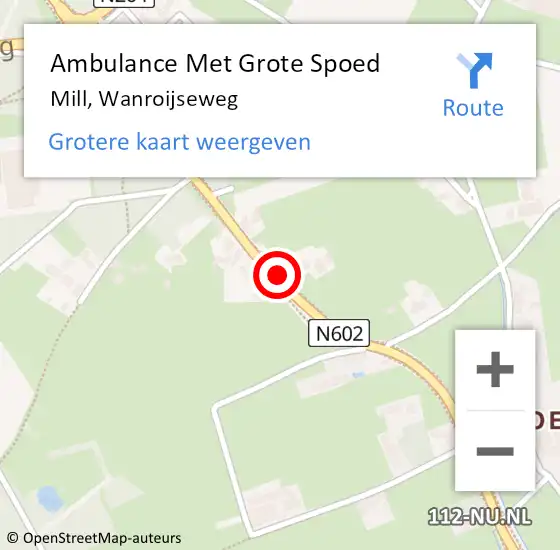 Locatie op kaart van de 112 melding: Ambulance Met Grote Spoed Naar Mill, Wanroijseweg op 14 mei 2020 08:50