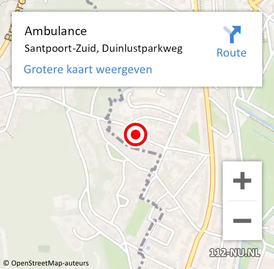 Locatie op kaart van de 112 melding: Ambulance Santpoort-Zuid, Duinlustparkweg op 15 mei 2020 08:29