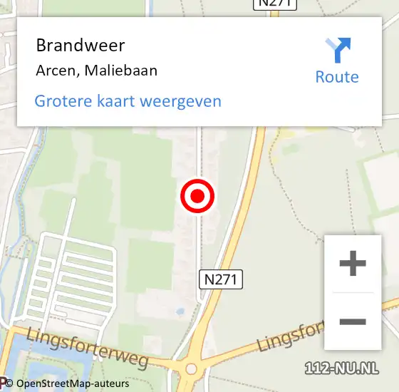 Locatie op kaart van de 112 melding: Brandweer Arcen, Maliebaan op 18 mei 2020 08:11