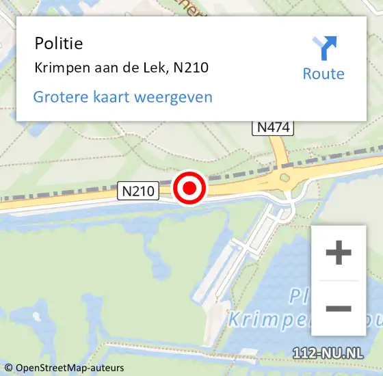 Locatie op kaart van de 112 melding: Politie Krimpen aan de Lek, N210 op 18 mei 2020 13:45