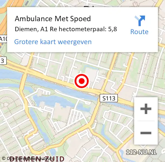 Locatie op kaart van de 112 melding: Ambulance Met Spoed Naar Diemen, Inzet op 18 mei 2020 16:27