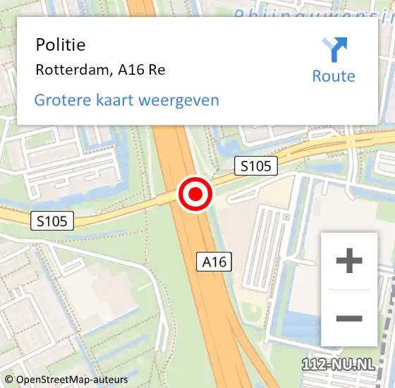 Locatie op kaart van de 112 melding: Politie Rotterdam, A16 Li op 19 mei 2020 18:58