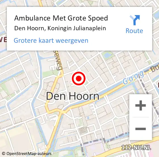 Locatie op kaart van de 112 melding: Ambulance Met Grote Spoed Naar Den Hoorn, Koningin Julianaplein op 20 mei 2020 00:04