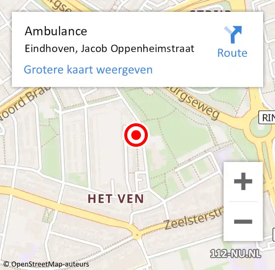 Locatie op kaart van de 112 melding: Ambulance Eindhoven, Jacob Oppenheimstraat op 24 mei 2020 21:23