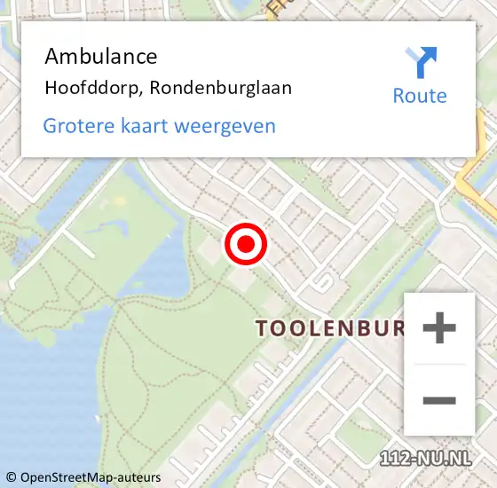 Locatie op kaart van de 112 melding: Ambulance Hoofddorp, Rondenburglaan op 27 mei 2020 20:58