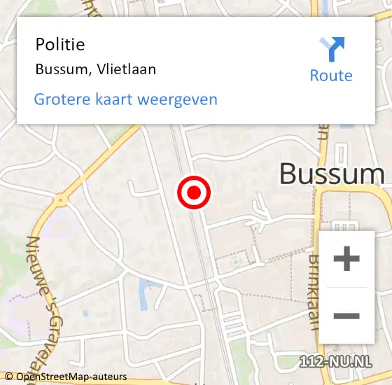 Locatie op kaart van de 112 melding: Politie Bussum, Vlietlaan op 28 mei 2020 14:01