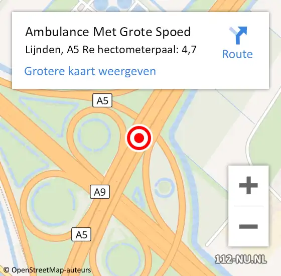 Locatie op kaart van de 112 melding: Ambulance Met Grote Spoed Naar Lijnden, A5 Re hectometerpaal: 4,7 op 29 mei 2020 07:13