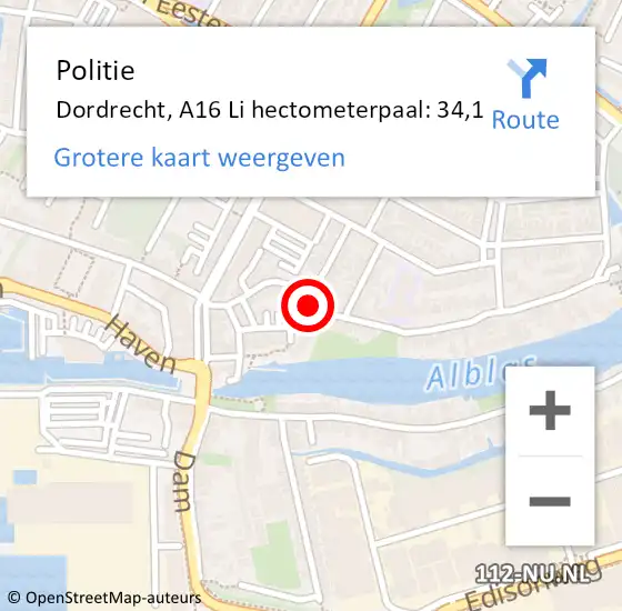 Locatie op kaart van de 112 melding: Politie Dordrecht, A16 Li hectometerpaal: 34,1 op 29 mei 2020 16:32