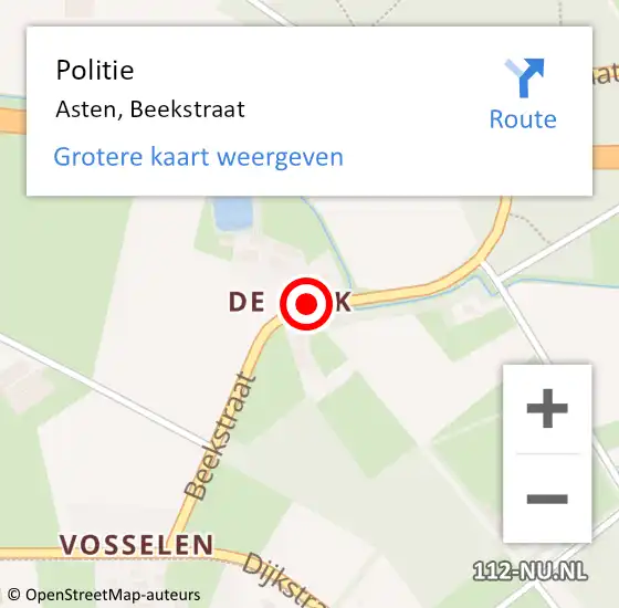 Locatie op kaart van de 112 melding: Politie Asten, Beekstraat op 1 juni 2020 00:50