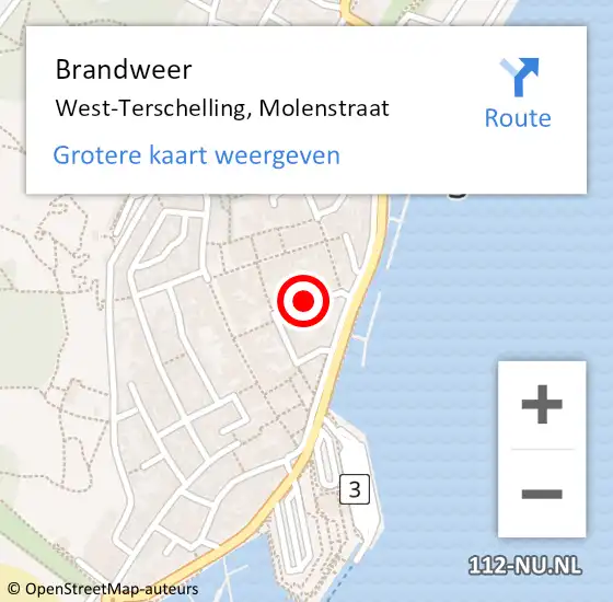 Locatie op kaart van de 112 melding: Brandweer West-Terschelling, Molenstraat op 3 juni 2020 18:15