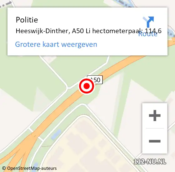 Locatie op kaart van de 112 melding: Politie Heeswijk-Dinther, A50 Li hectometerpaal: 114,6 op 4 juni 2020 23:53