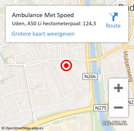 Locatie op kaart van de 112 melding: Ambulance Met Spoed Naar Uden, A50 Li hectometerpaal: 124,3 op 5 juni 2020 11:40