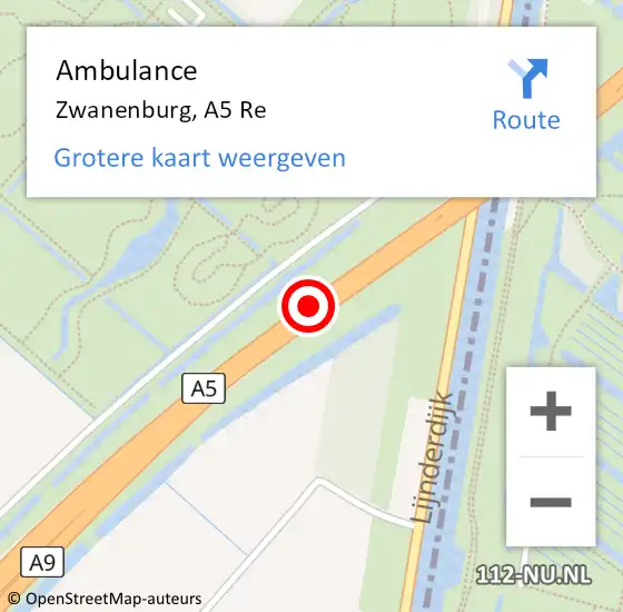 Locatie op kaart van de 112 melding: Ambulance Zwanenburg, A5 Re op 5 juni 2020 20:29