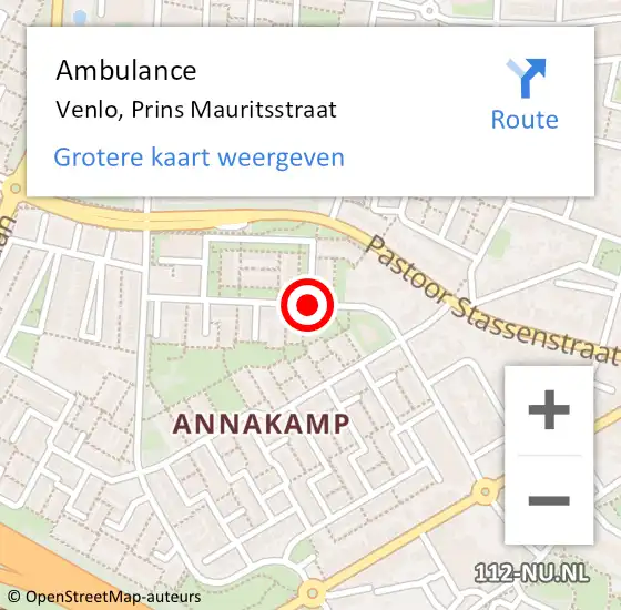 Locatie op kaart van de 112 melding: Ambulance Venlo, Prins Mauritsstraat op 5 juni 2020 21:41