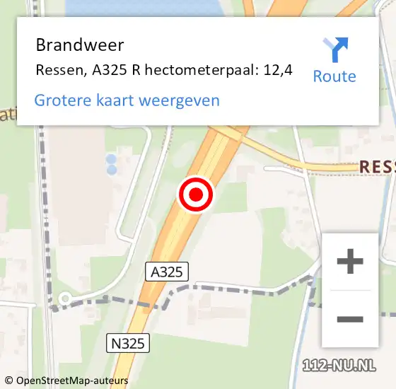 Locatie op kaart van de 112 melding: Brandweer Ressen, A325 L hectometerpaal: 14,5 op 9 mei 2014 03:20