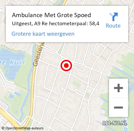 Locatie op kaart van de 112 melding: Ambulance Met Grote Spoed Naar Uitgeest, A9 Re hectometerpaal: 58,4 op 12 juni 2020 02:09