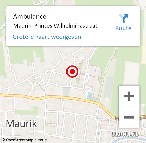 Locatie op kaart van de 112 melding: Ambulance Maurik, Prinses Wilhelminastraat op 13 juni 2020 10:23